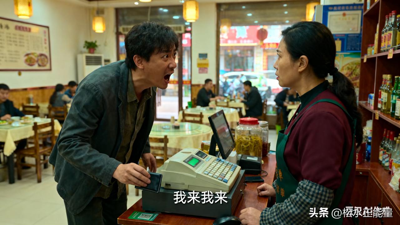 炸裂！一男子在餐馆抢着买单，却迟迟不付钱，还借机想摸老板娘的脸，被当场躲开。
 