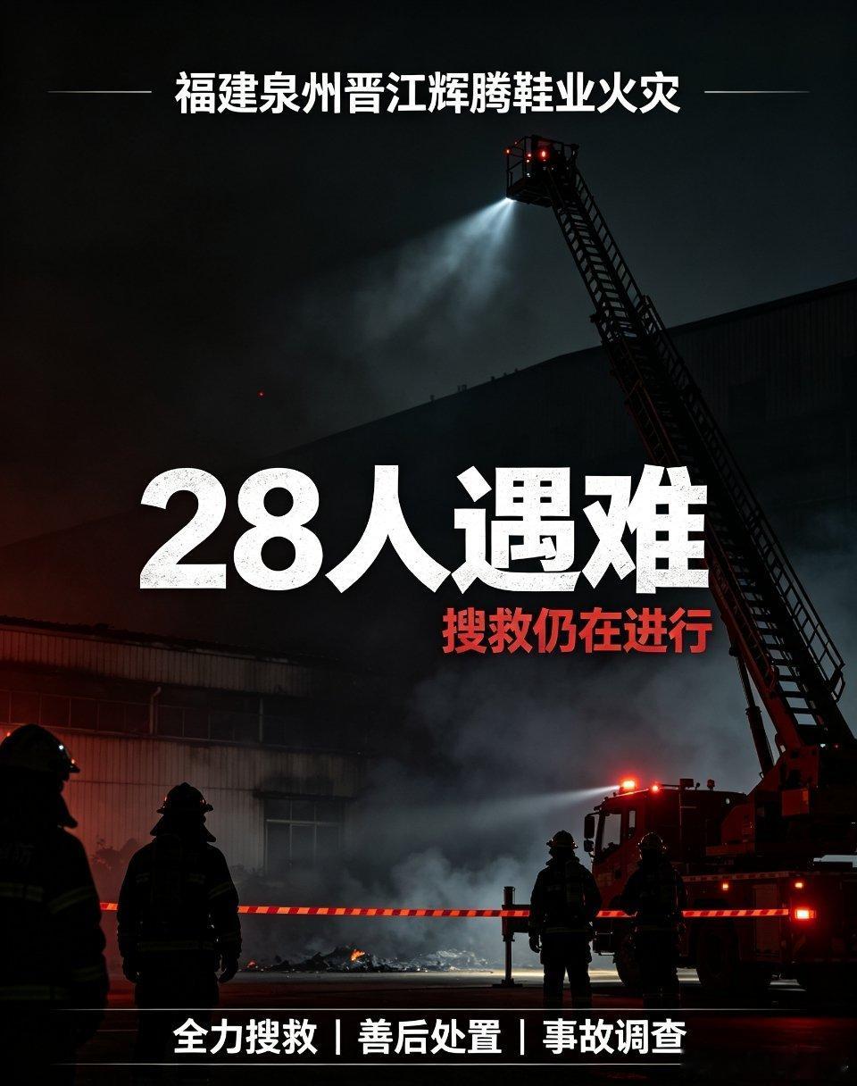 晋江鞋厂火灾已致28死7月9日福建泉州晋江辉腾鞋业厂房火灾，最新官方数据确认遇难