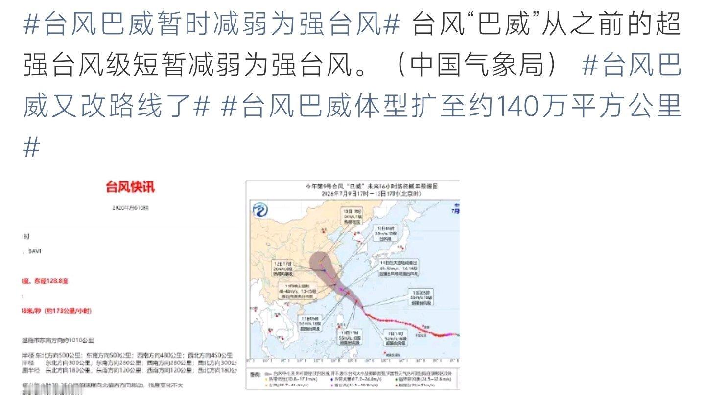 台风巴威暂时减弱为强台风台风巴威降级为强台风，体型庞大路径多变，浙闽沿海依旧需要