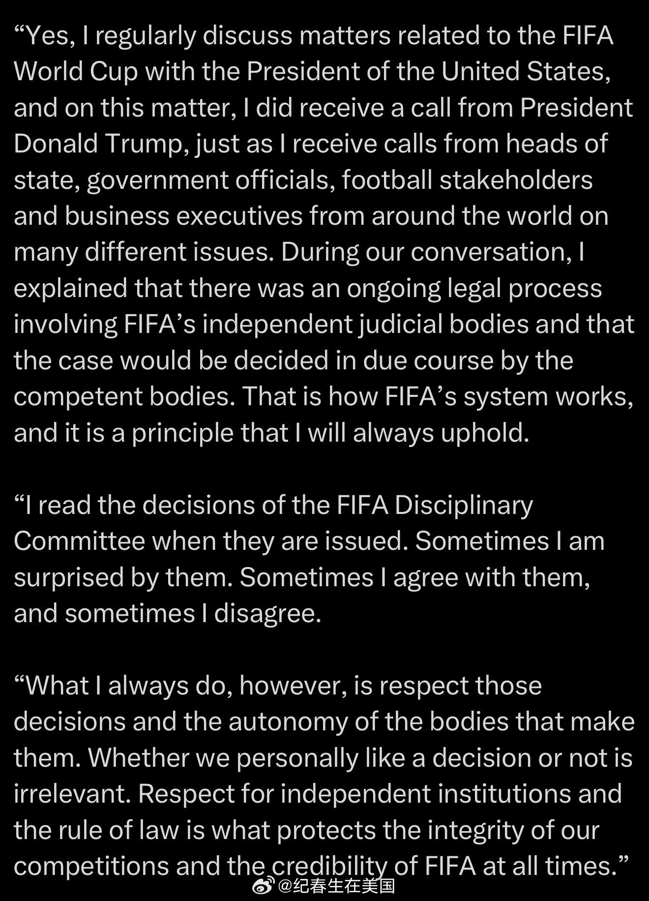 国际足联主席因凡蒂诺：“我已经看到外界关于独立的FIFA纪律委员会就Folari