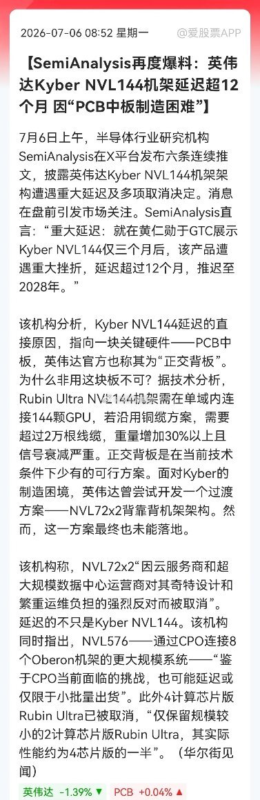 硬科技突发利空！英伟达机架“难产”，“王炸”产品“被曝”延迟超12个月……Sem