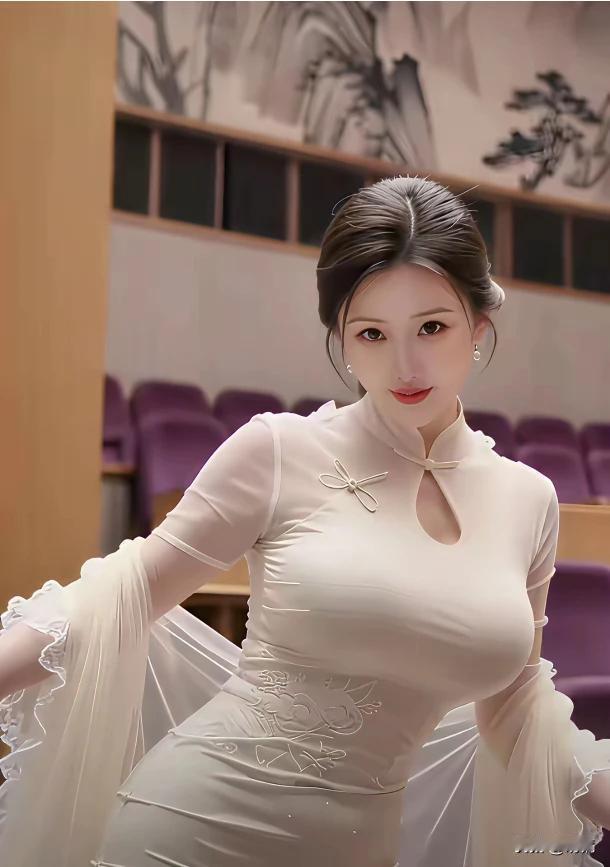 上联：浅色旗袍韵味生，
下联：眸若秋水沾风情。