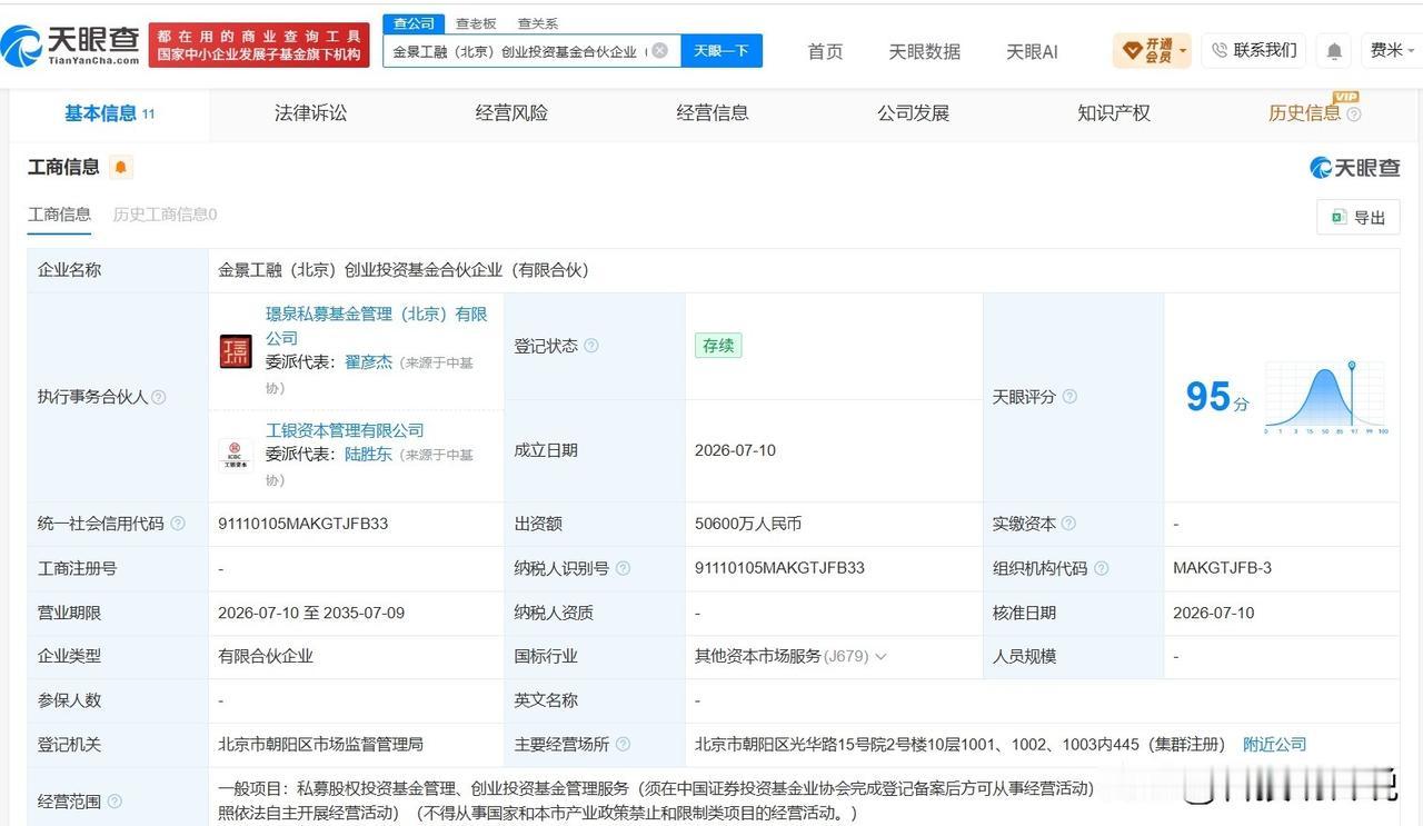 【工银投资等在北京成立创业投资基金 出资额5.06亿】
天眼查App显示，近日，