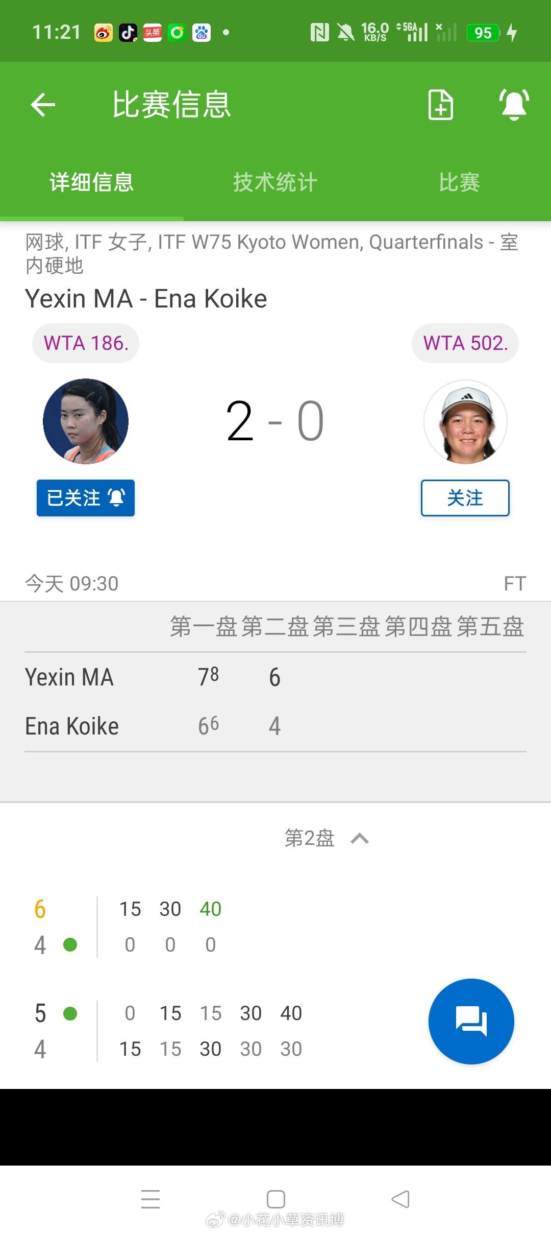 小花小草资讯 【京都W75】女单正赛第二轮4号种子马烨欣🇨🇳7-6(6)6-