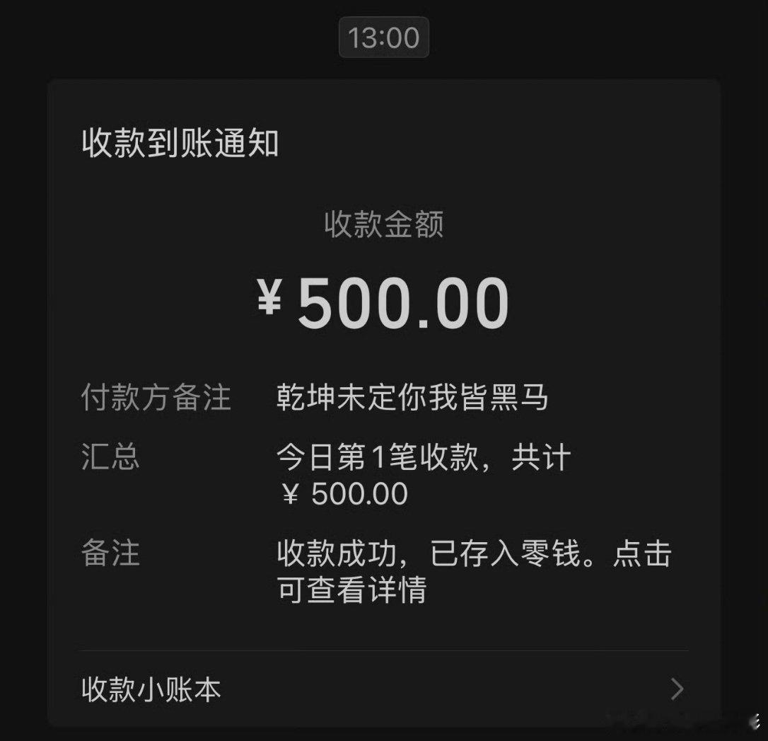 细节：李荣浩备注的是“乾坤未定你我皆是黑马”李荣浩真转我五百了