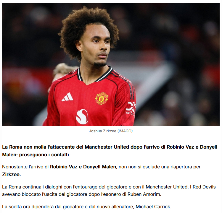 迪马济奥最新消息：在签下瓦兹和马伦后，罗马仍然没有放弃齐尔克泽，引进这位曼联前锋