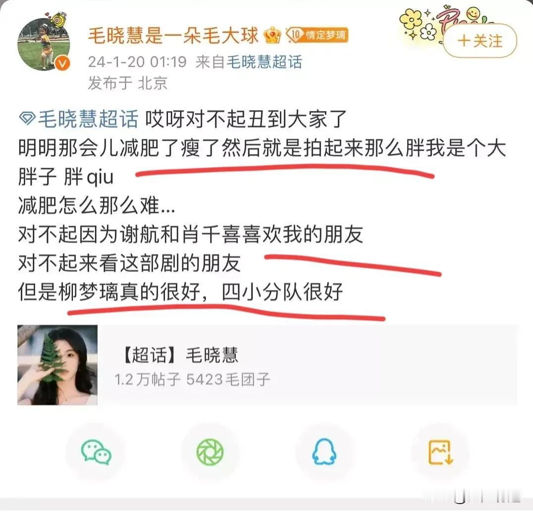 毛晓慧的美丑和胖瘦没有关系，完全是本人以及表演和妆容问题。
毛晓慧误会网友了！