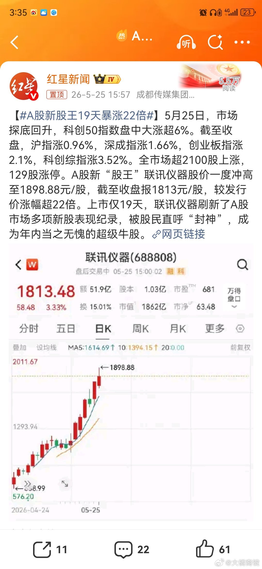 A股新股王19天暴涨22倍我还没上车啊.JPG看着联讯仪器从81.88元一路涨到