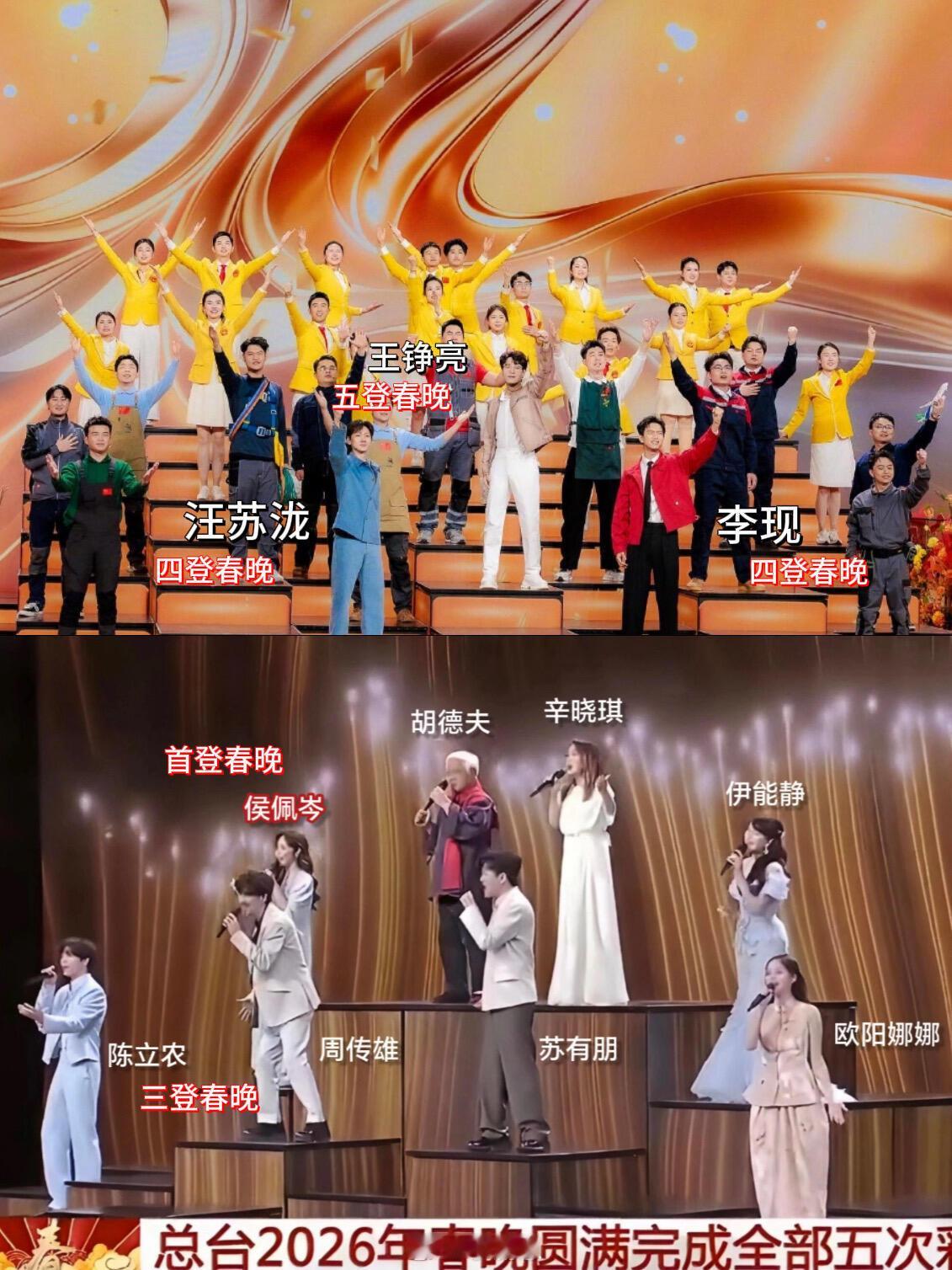 春晚路透，王铮亮五登春晚站C位。王铮亮五登春晚，直接C位啊。侯佩岑首登春晚。陈立