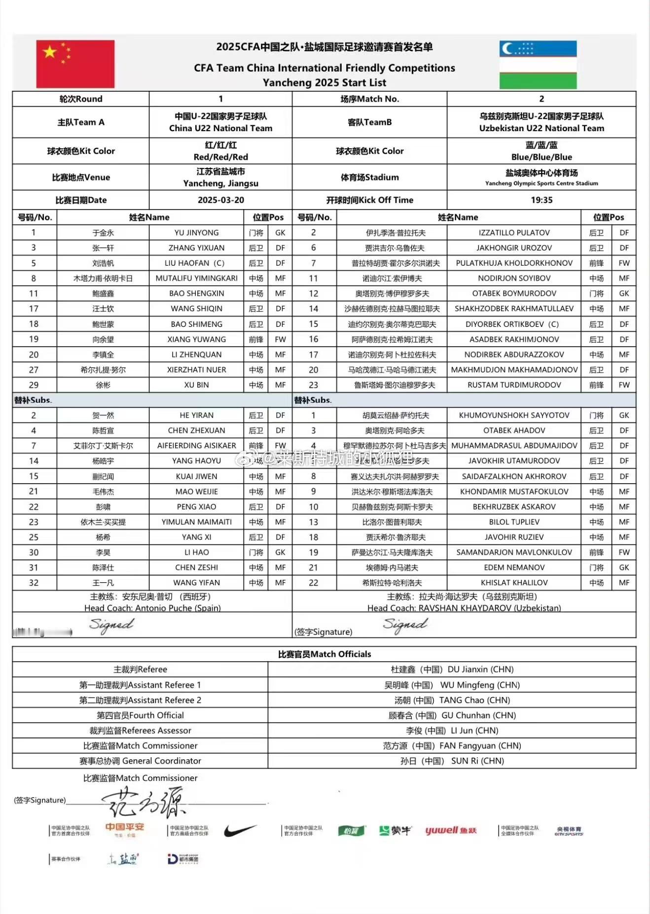 中国U22Vs乌兹别克斯坦首发：1-于金永、3-张一轩、5-刘浩帆、8-木塔力甫