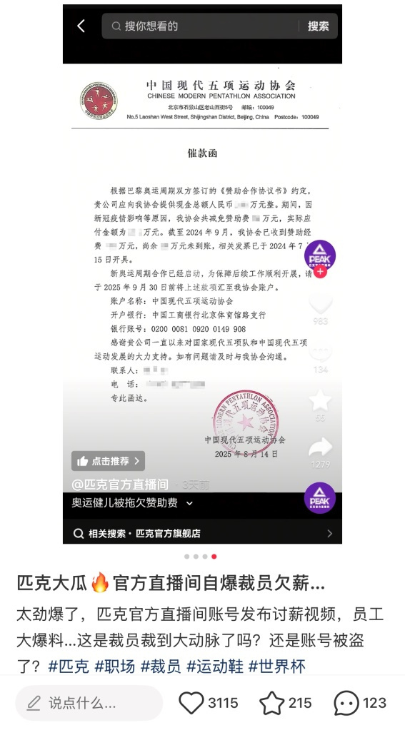 【匹克被指拖欠赞助费员工薪资】匹克董事长否认欠款传闻 一则网络传闻，将运动品牌匹