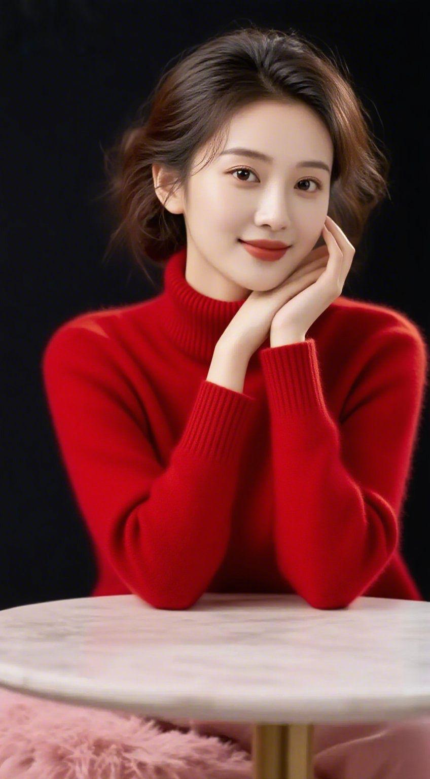 《炽红针织的暖柔日常》
 
炽红针织裹着绒软质感，高领弧度如轻展的焰光，妥帖落在