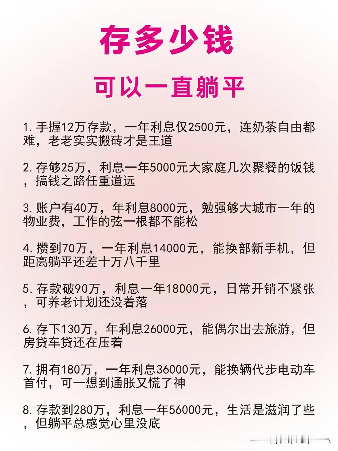 存多少钱能一直躺平？这组数字扎心了…☞☞☞
 
哎[黑线]大家总想着存够钱就躺平
