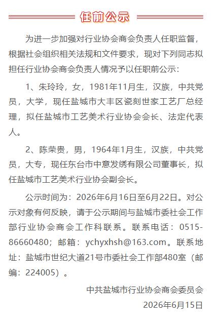 盐城市行业协会商会委员会发布任职公示，拟提名朱玲玲担任盐城市工艺美术行业协会会长