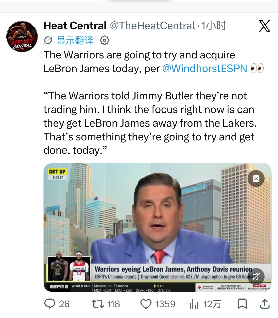ESPN记者 “ 勇士今天正在努力签下詹姆斯 ” 