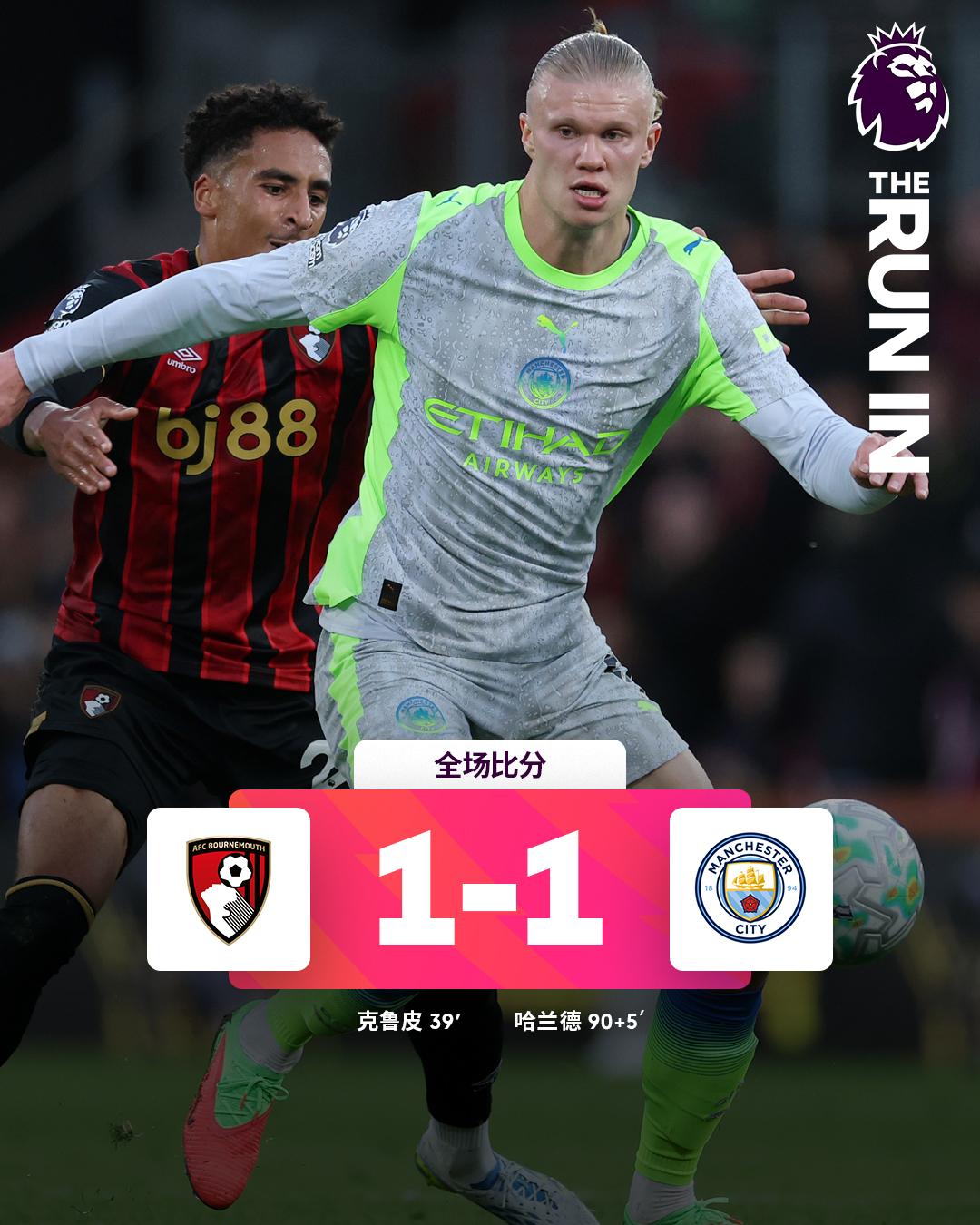 全场比分丨伯恩茅斯 1-1 曼城
⚽第39分钟，特吕费尔左路横敲，克鲁皮禁区内兜