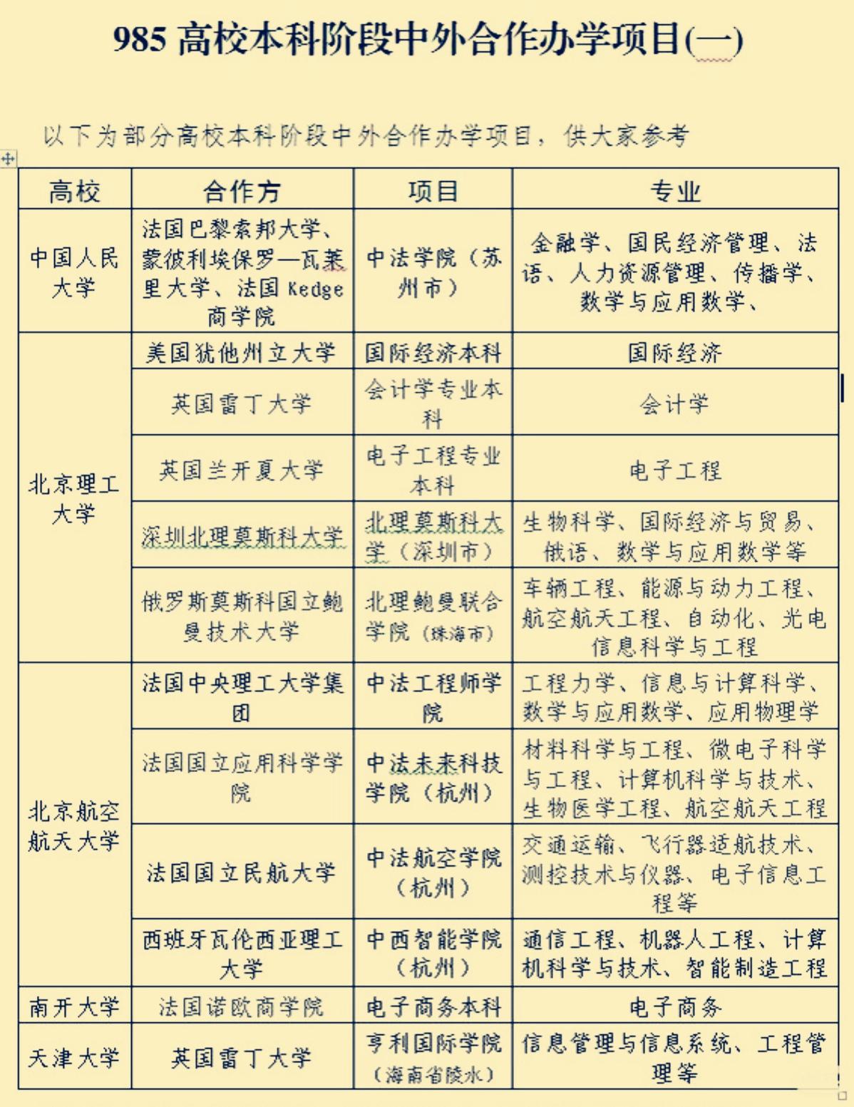 985高校本科阶段中外合作办学项目