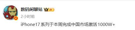 这才多久？iPhone17系列中国市场激活量超1000W。要知道苹果 iPhon