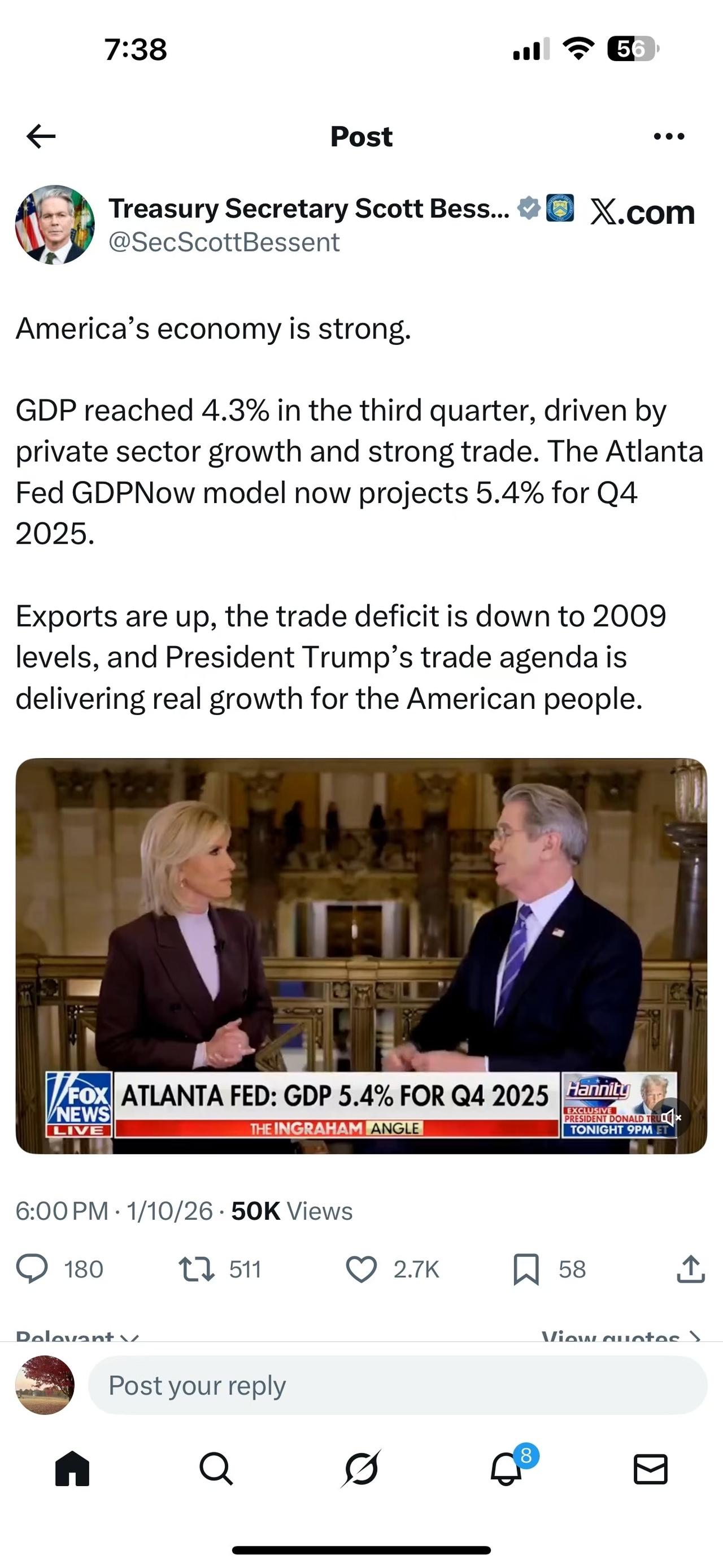 美国财政部长贝森特：美国经济持续强劲，2025年第三季度GDP增长4.3%；第四