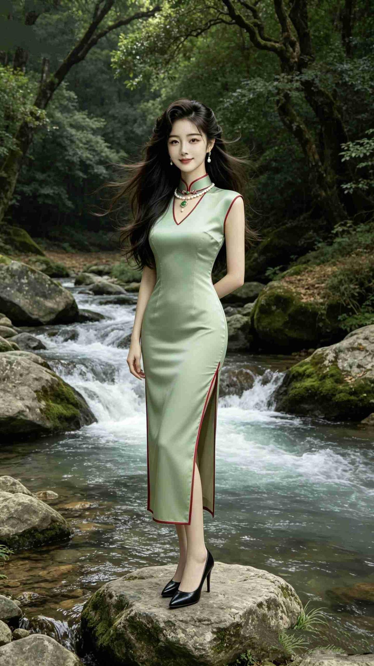 《溪畔旗袍》
 
幽林叠翠响流泉，玉立苔石水接天。
翠袂裁风凝雅韵，青丝逐雾拂芳