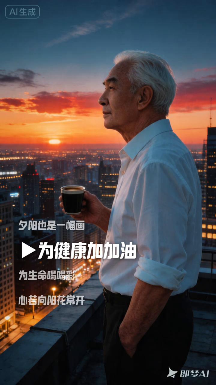 AI生成，即梦AI。
夕阳美，想得开看得透，晚年幸福又长寿。拿得起放得下，夕阳也
