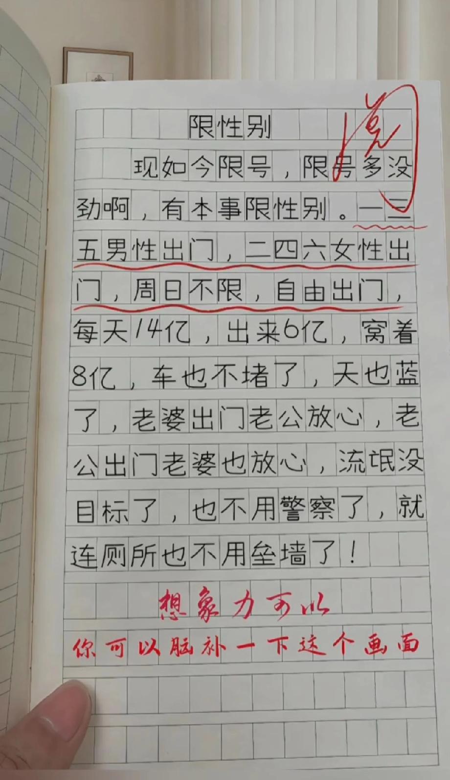  孩子写“限性别出门”的搞笑脑洞，车不堵天也蓝，评论区说说你最想吐槽哪句！