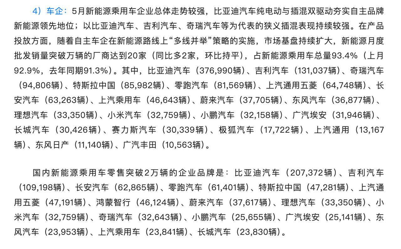 5月国内新能源汽车零售销量榜
比亚迪汽车（207,372辆）
吉利汽车（109,
