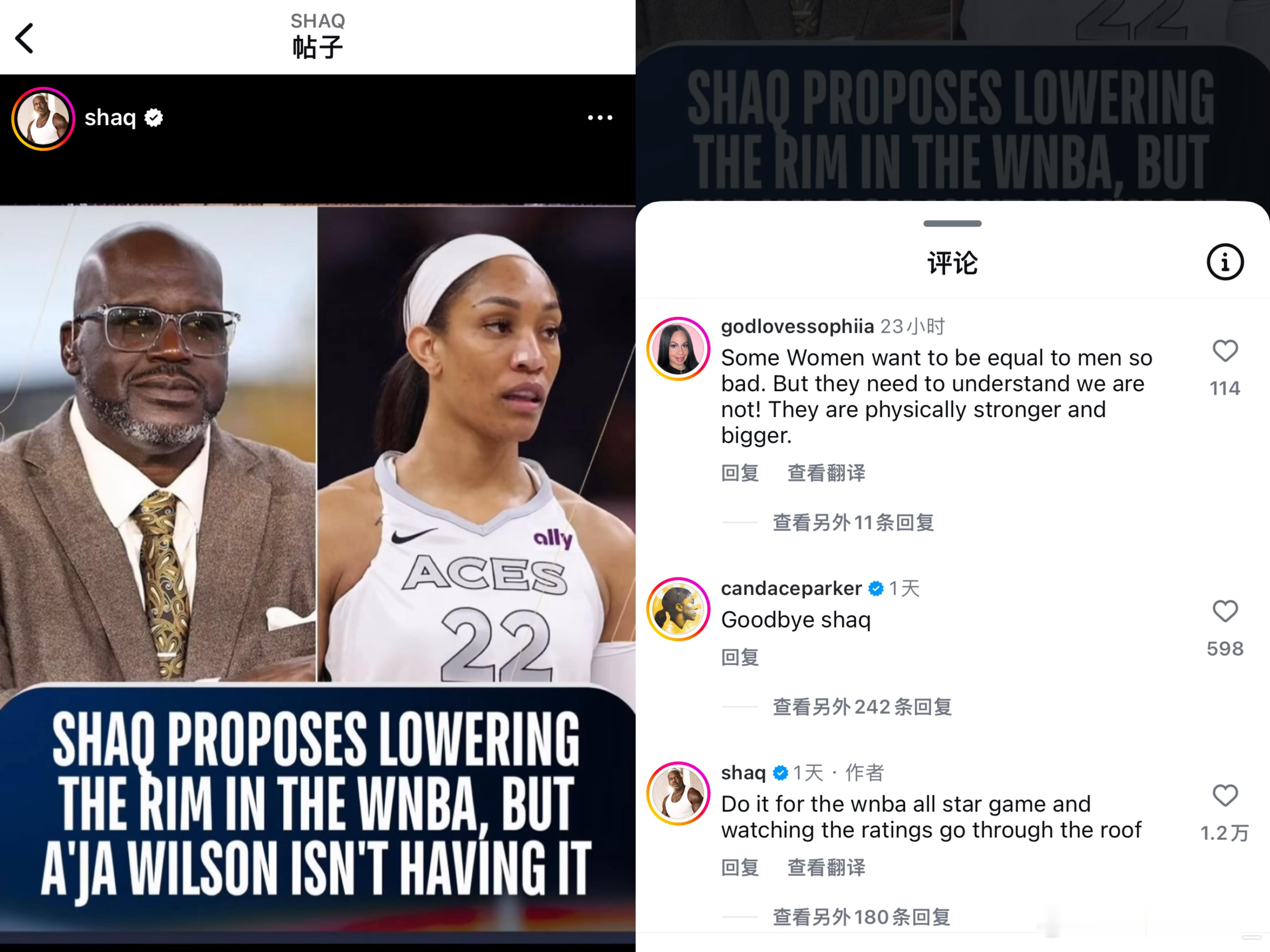 【奥尼尔提议降低WNBA篮筐引争议，威尔逊坚决反对】日前，前NBA巨星沙奎尔-奥