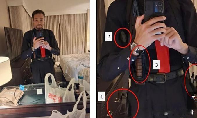 白宫记者晚宴袭击前，枪手房间内自拍照片公布

美国司法部公布了一张照片，称这张照