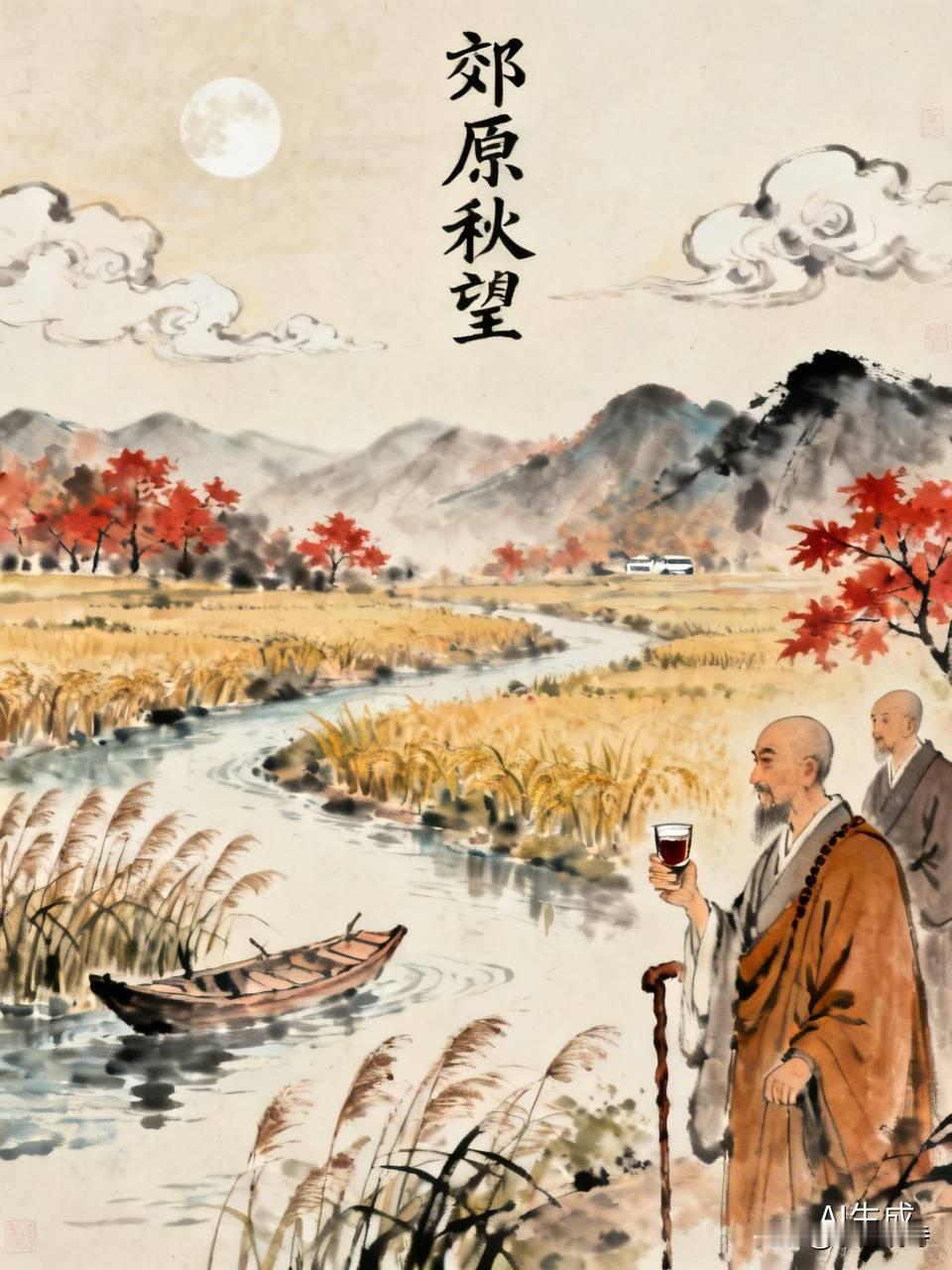 《郊原秋望》乐韵晓诗原创:
远浦烟生芦雪浮，
平皋风软稻粱收。
霜沾枫色红侵岸，