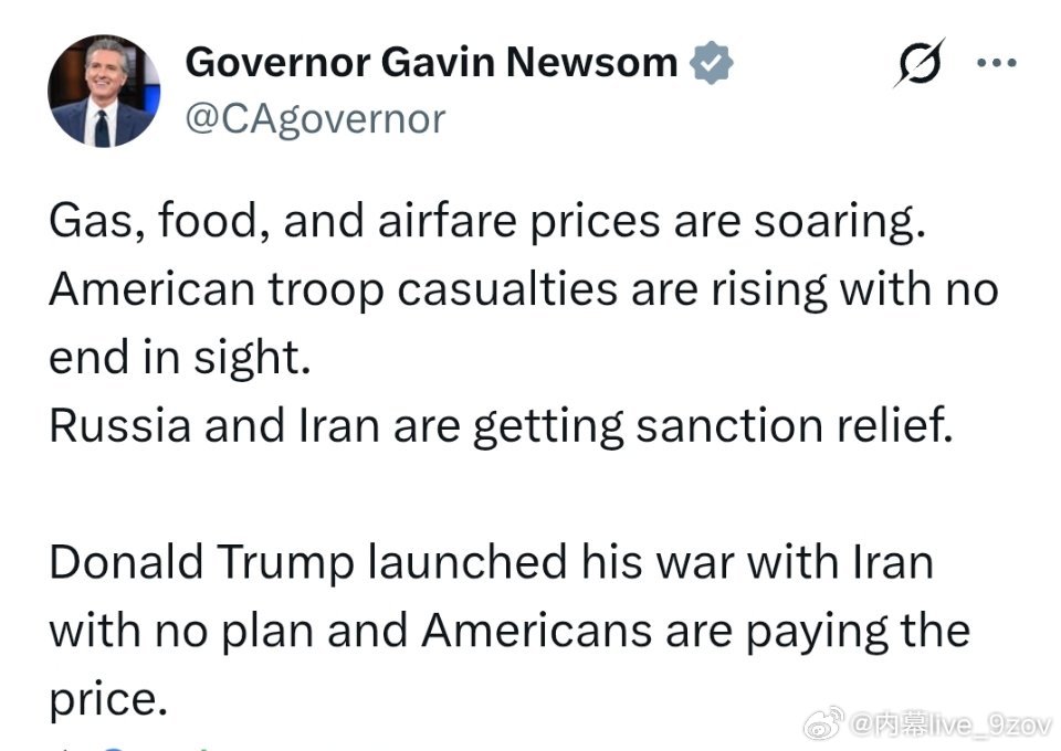 加州州长抨击特朗普：汽油、食品和机票价格都在飙升。美军伤亡人数持续上升，看不到尽