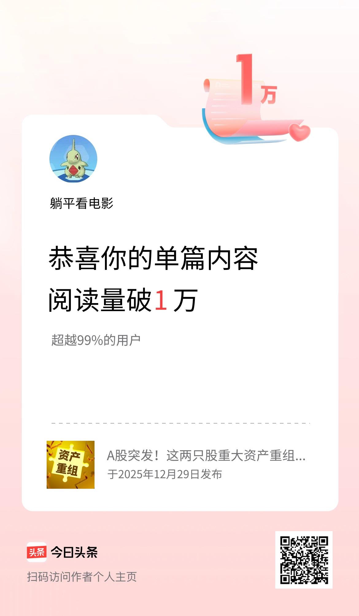单篇内容获得阅读量破1万啦！