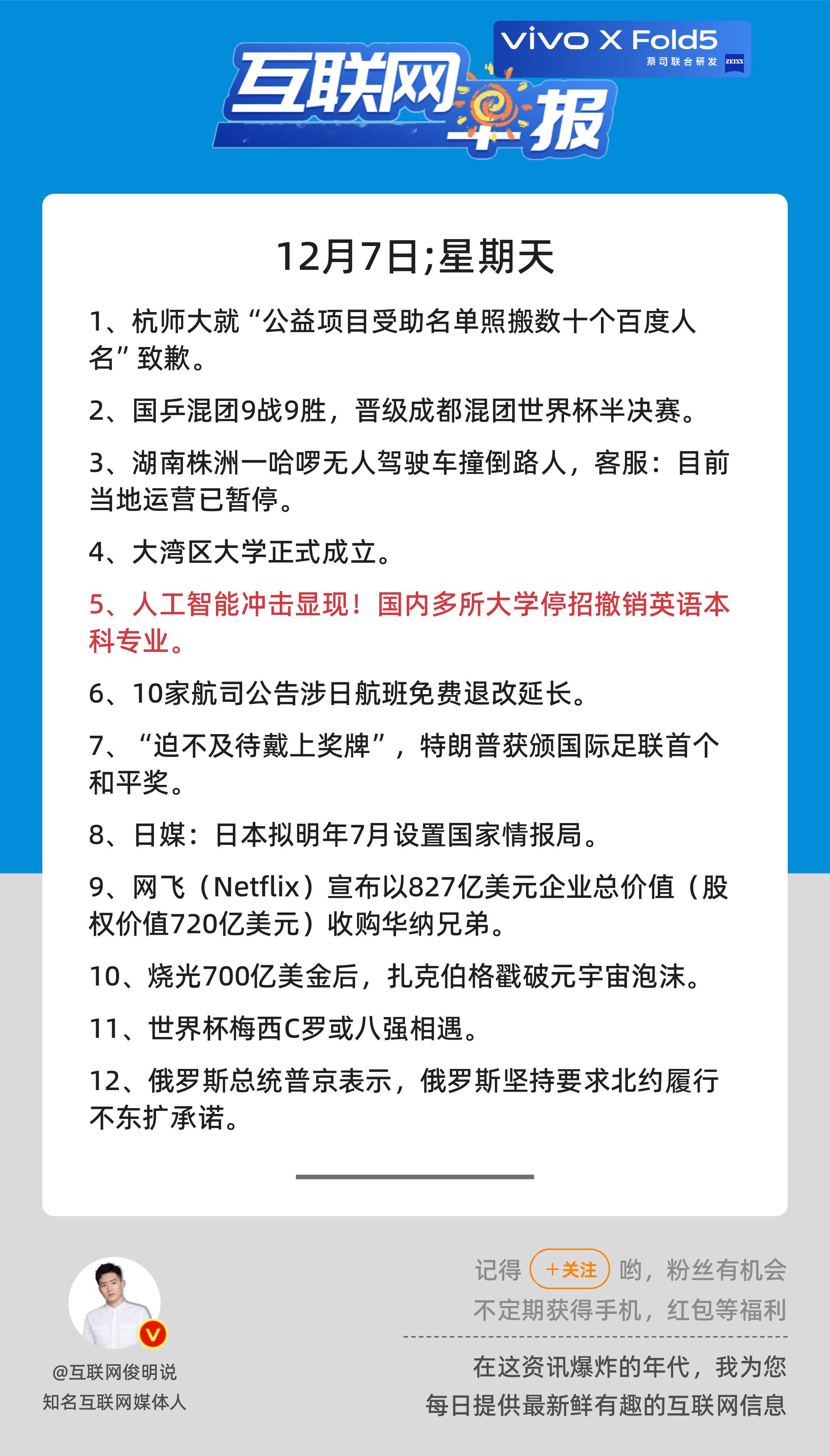 12月7日，星期天，《第2980期》；互联网早报，众览天下事关心第5条：人工智能