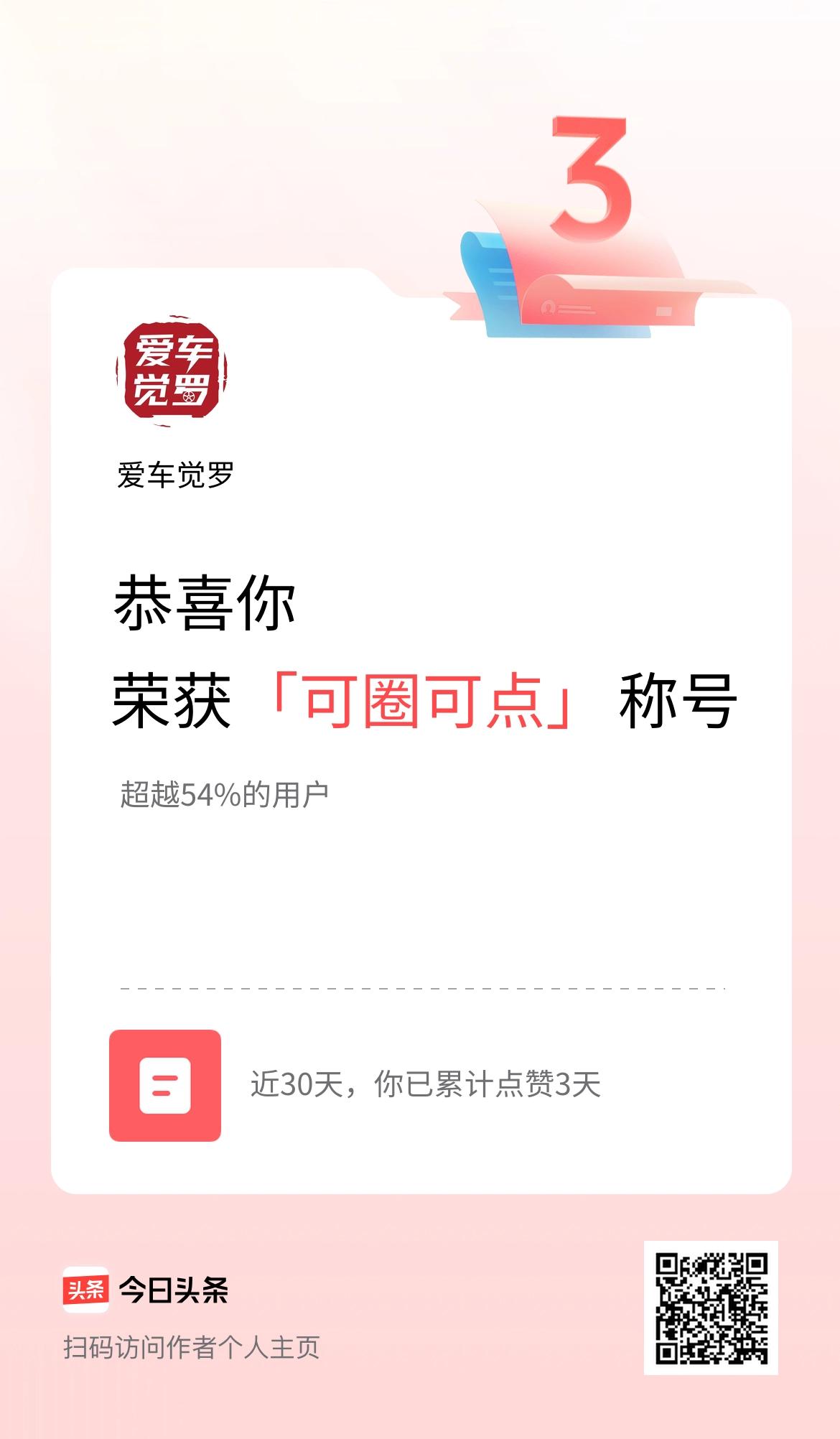 我在头条30天内点赞打卡3天，获得“可圈可点”称号