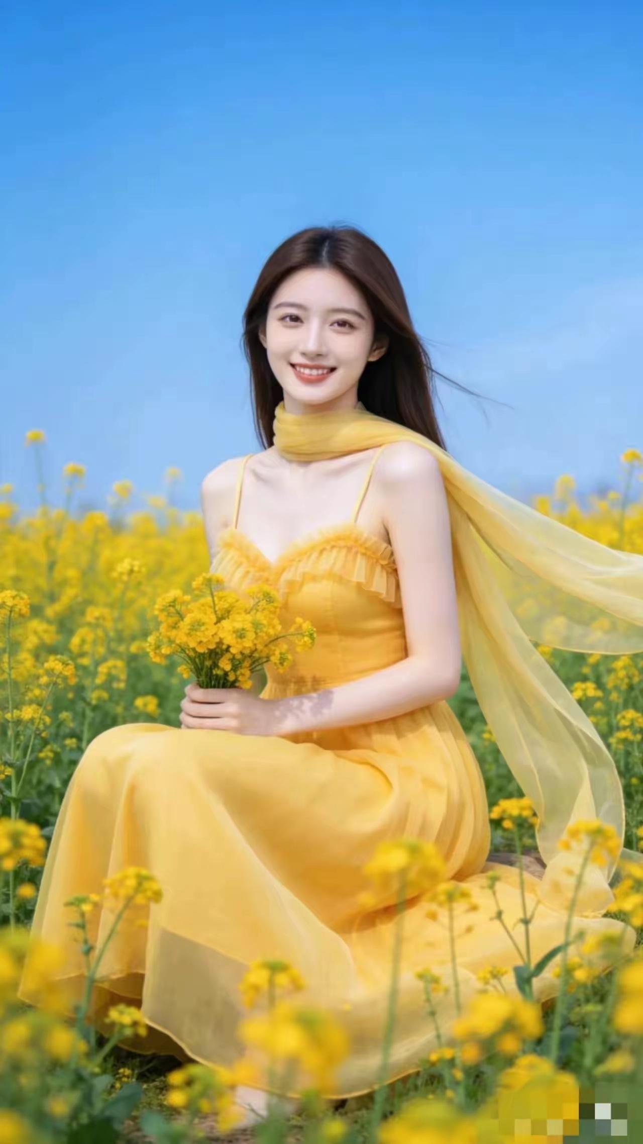 天净沙·菜花姑娘
春风暖遍田冈，
菜花遍地黄香，
倩影花间绽放。
人娇花旺，
谁