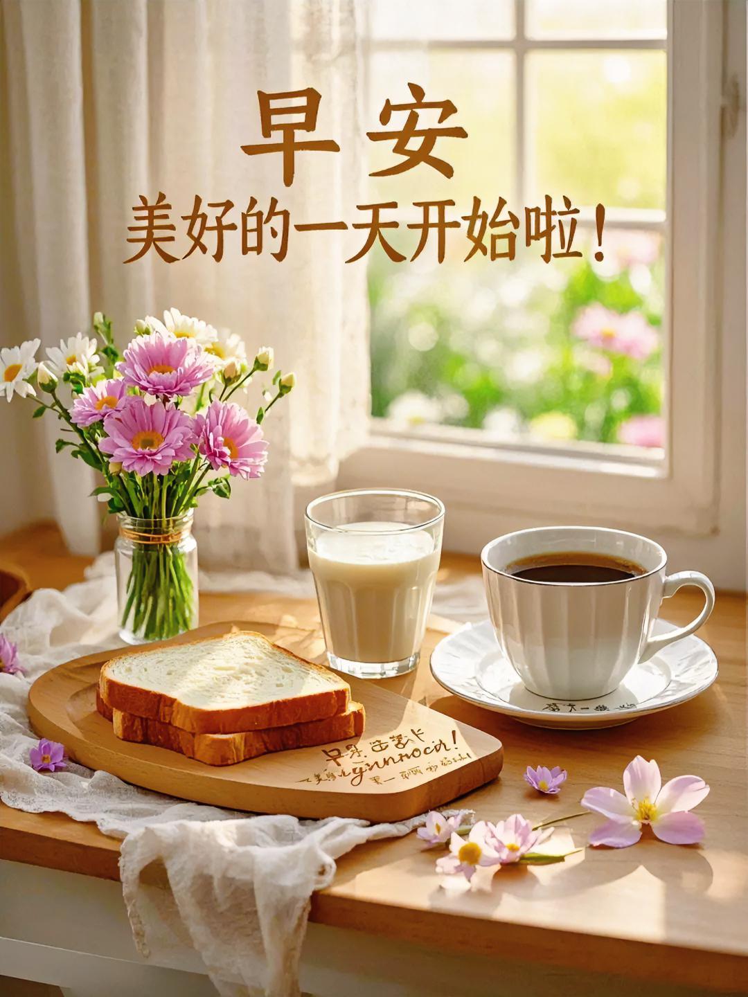 窗边花香伴咖啡，面包牛奶暖晨光，早安！美好的一天开始啦！
