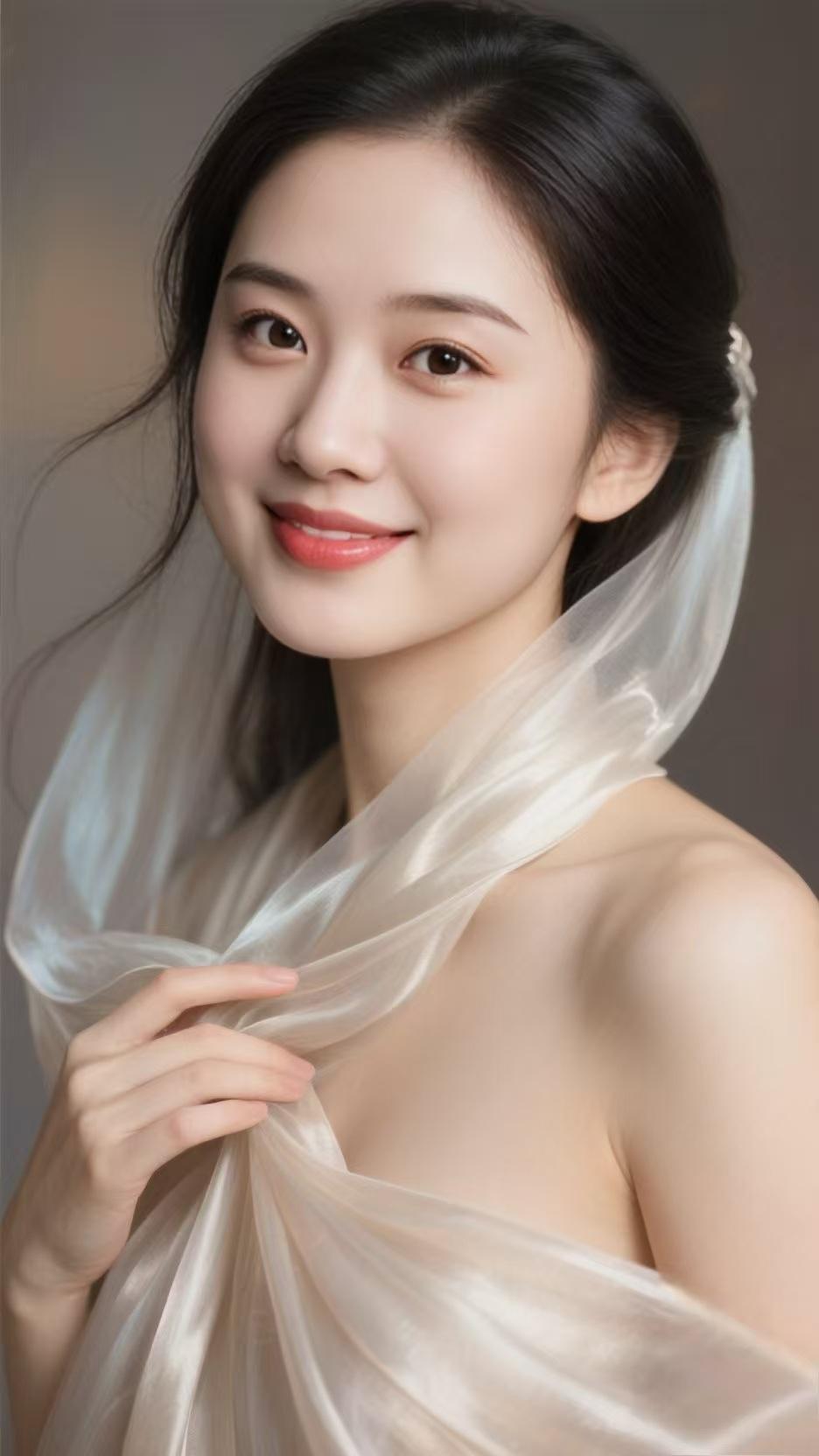 绝句·佳人笑
 
轻纱如雾笼晴光，
浅笑依花立画旁。
风过衣裾疑蝶起，
眸中清浅