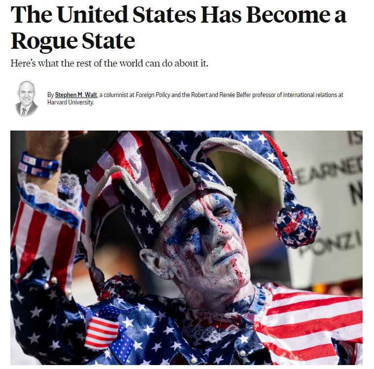 美媒《外交政策》杂志：美国已沦为流氓国家
美国如今的行为如同一个掠夺性的霸权国家