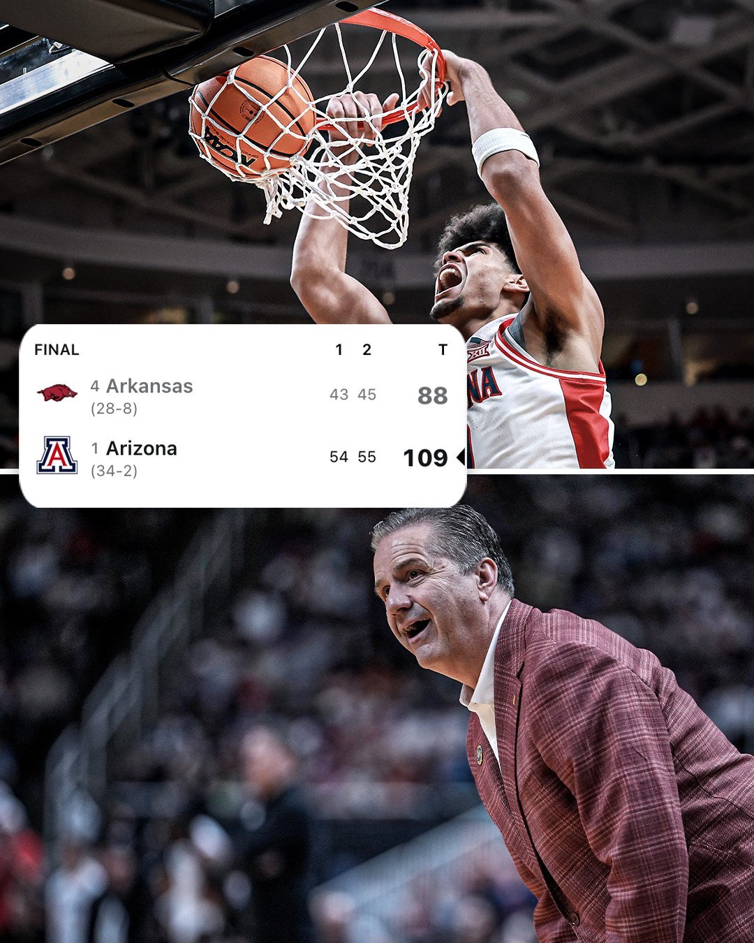 西区一号种子亚利桑那狂轰109分摧毁阿肯色，亚利桑那7.5人轮换，6人得分14+