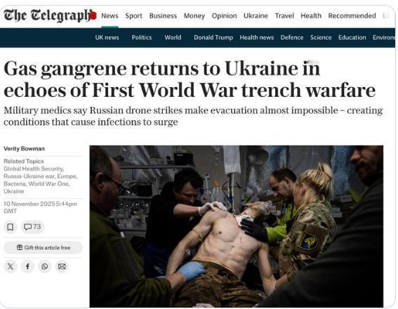 【一种一战时期的疾病正在乌克兰前线蔓延——气性坏疽】据《每日电讯报》报道，乌克兰
