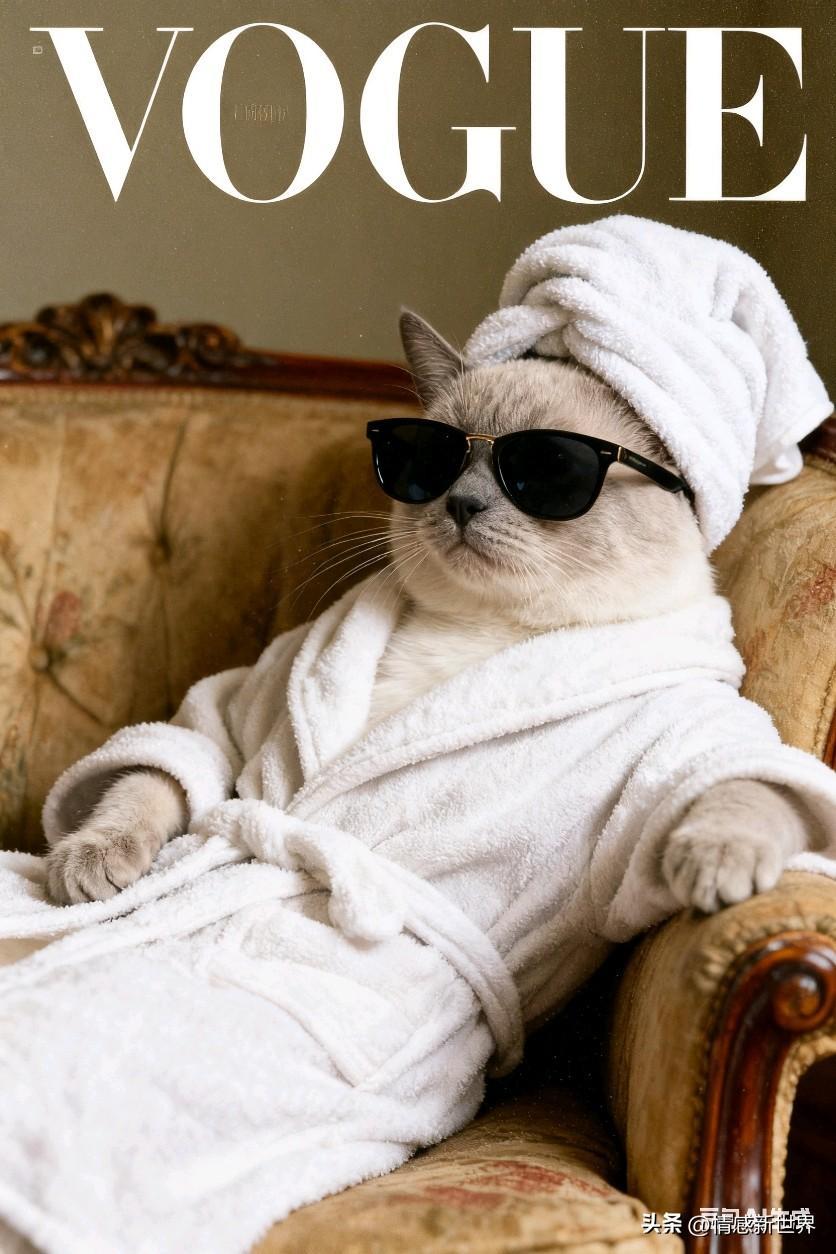 猫界时尚大片！猫咪穿着浴袍，戴着墨镜，坐在沙发上，享受悠闲时光。猫咪沐浴洗澡 猫