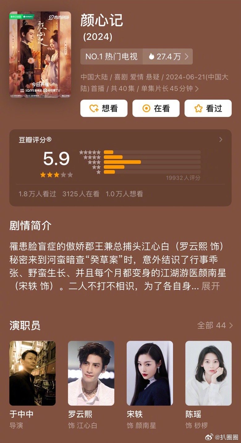 罗云熙宋轶主演的颜心记豆瓣开分5.9，高了低了～[并不简单] ​​​