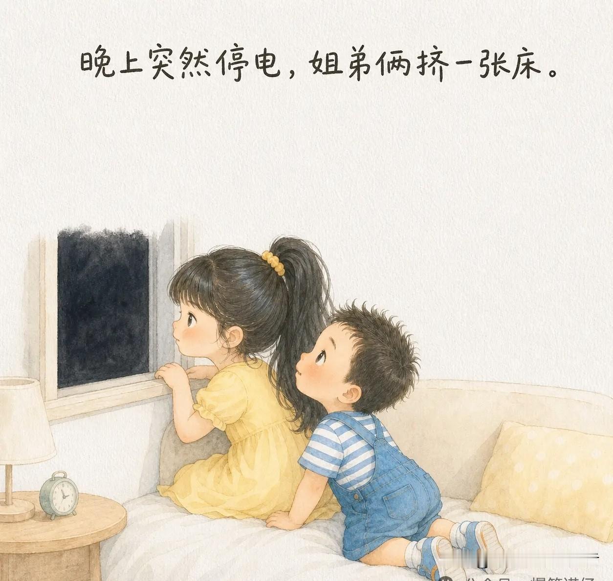 推荐有趣的漫画：晚上突然停电，姐弟俩挤一张床。弟弟拽姐姐袖子：「姐，我怕黑。」姐