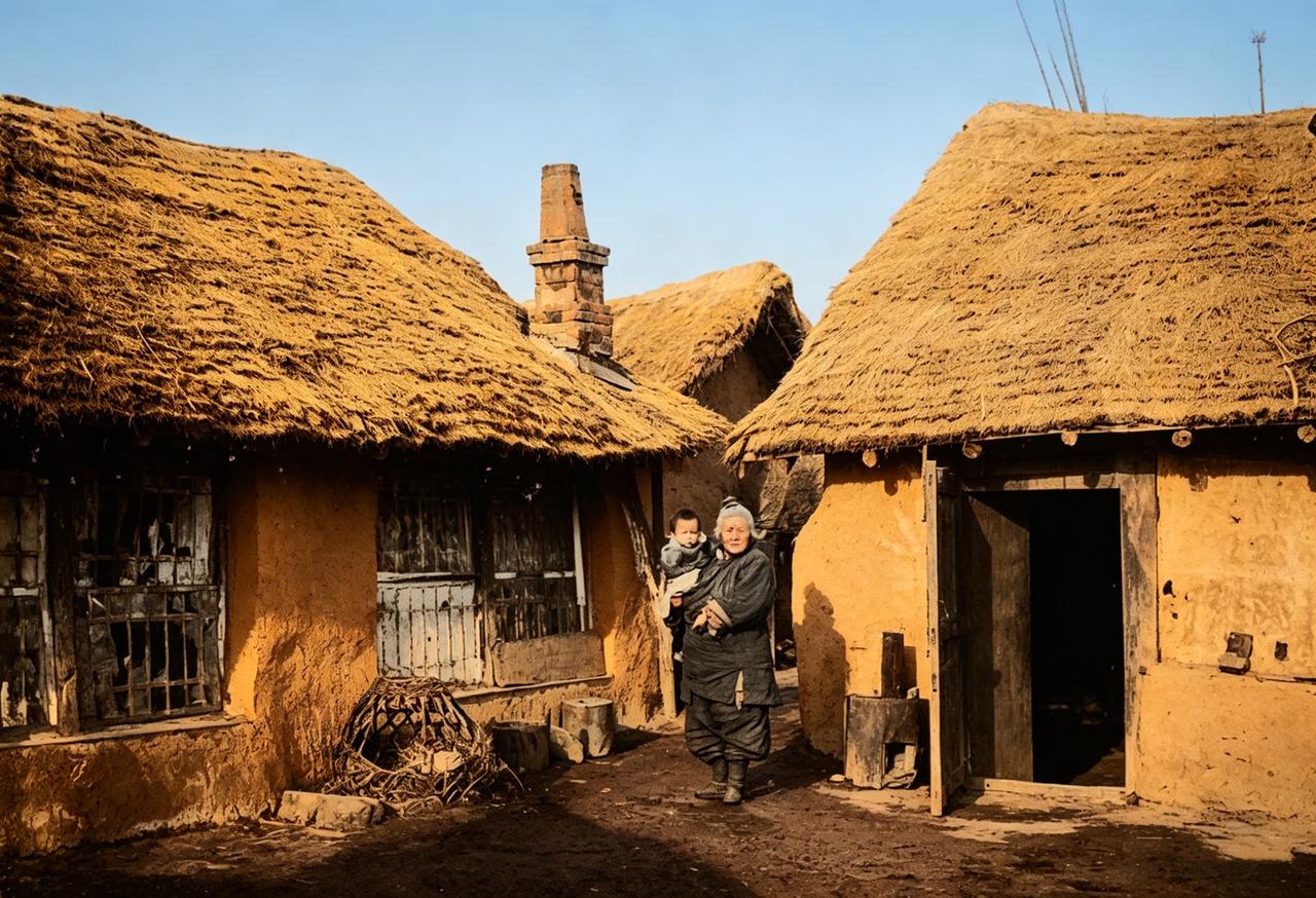 这是哈尔滨升平街十四口之家在东北鼠疫中只剩下两岁孩童与七十岁曾祖母。裹着小脚的老