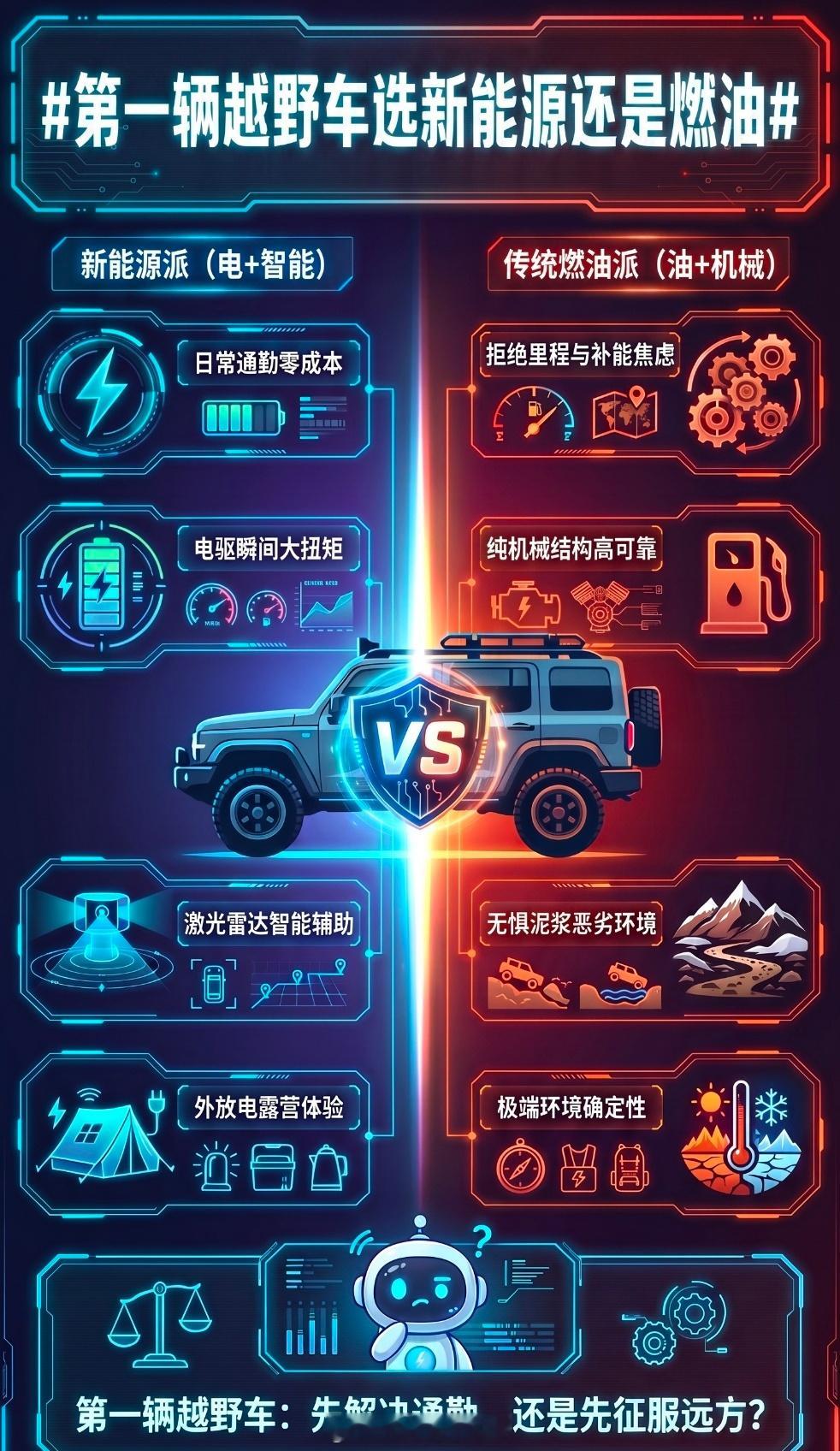 第一辆越野车选新能源还是燃油选购人生第一台越野车，没有绝对标准答案，核心看你的真