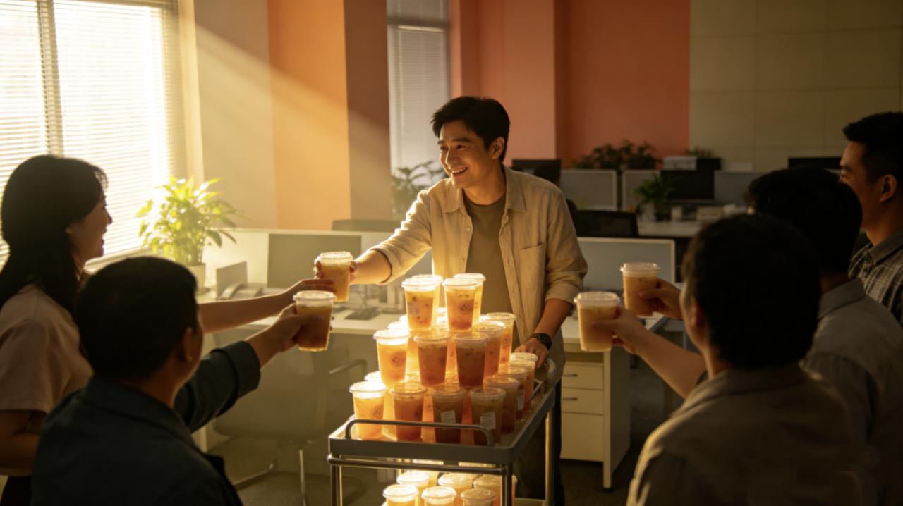 同事老吴离职那天，请大家喝奶茶。
三十多杯，自己花钱买的。
有人问他不容易吧，老