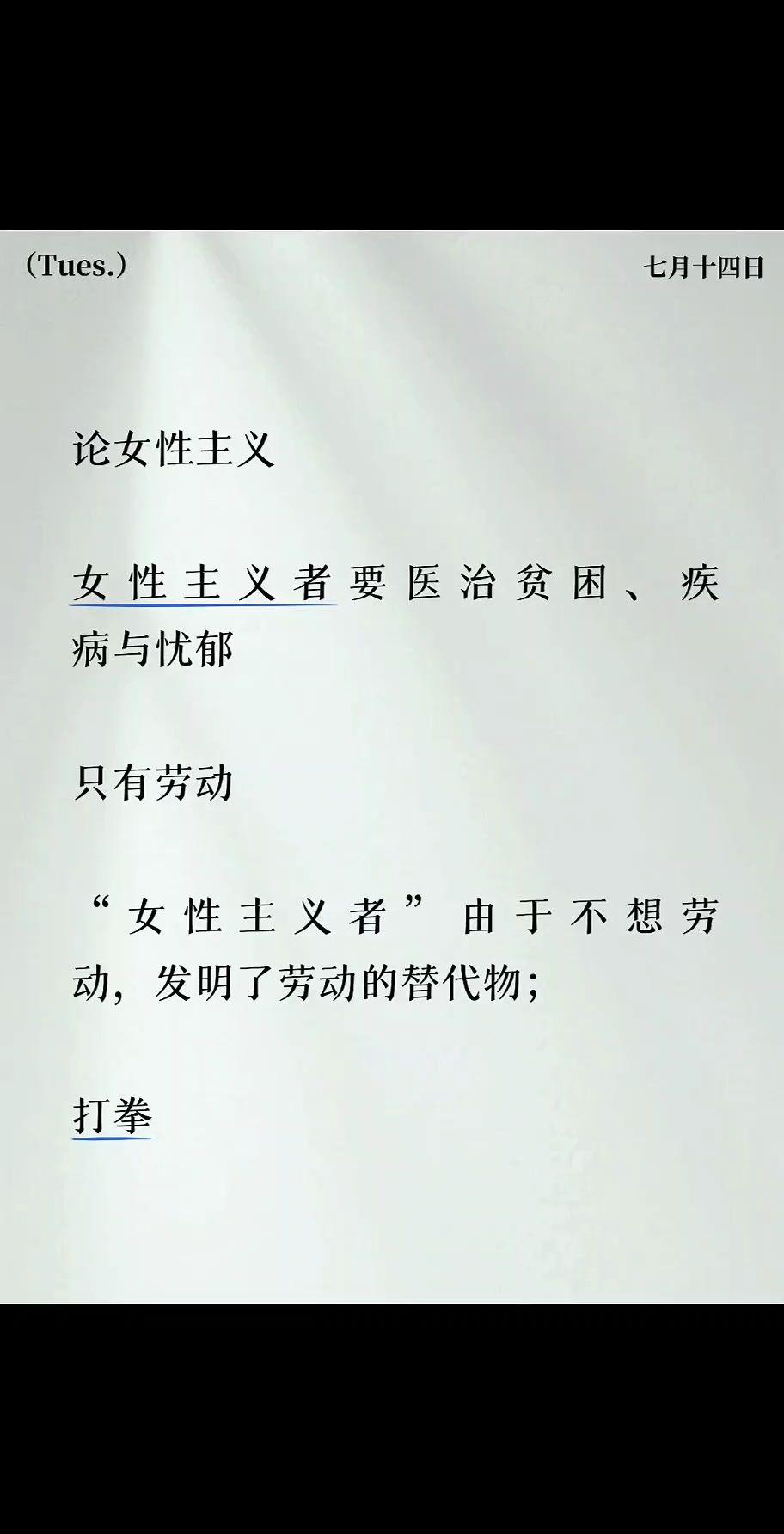 女性主义者要医治贫困、疾病与忧郁

只有劳动 

“女性主义者”由于不想劳动，发