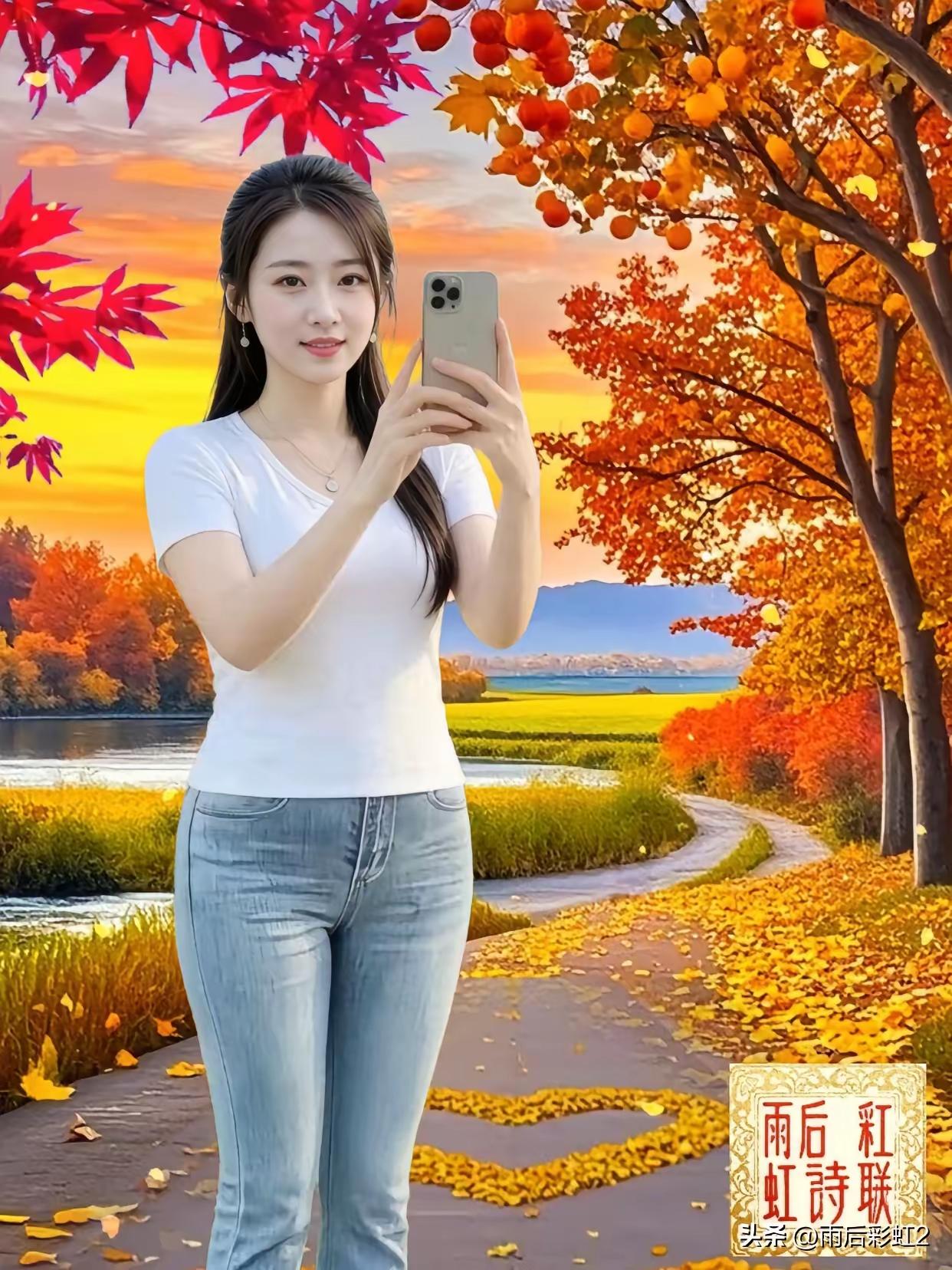 金秋丹枫红，
游玩兴致浓。
精心择佳景，
留念照拍成。