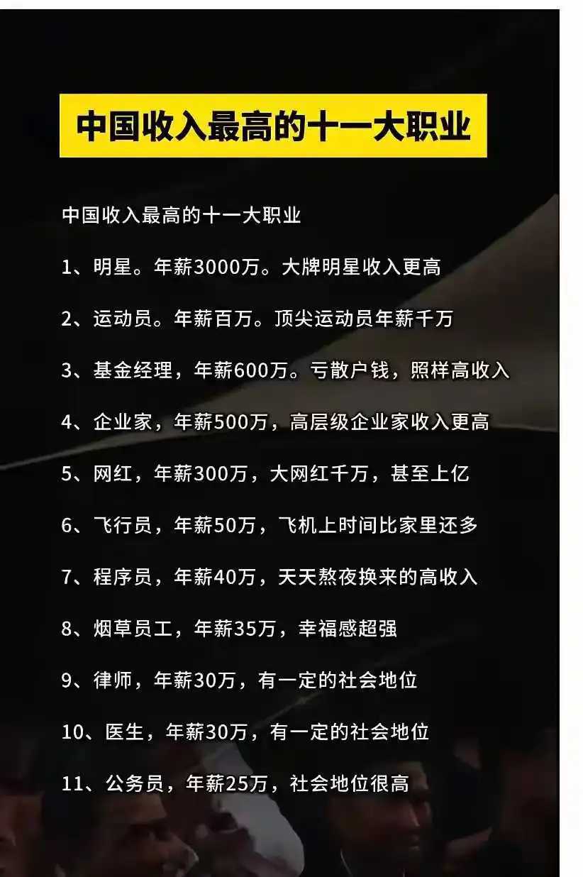 收入最高的十一大职业，难怪那么多人想当网红的。还有最后一个，稳定、有面子。 ​​