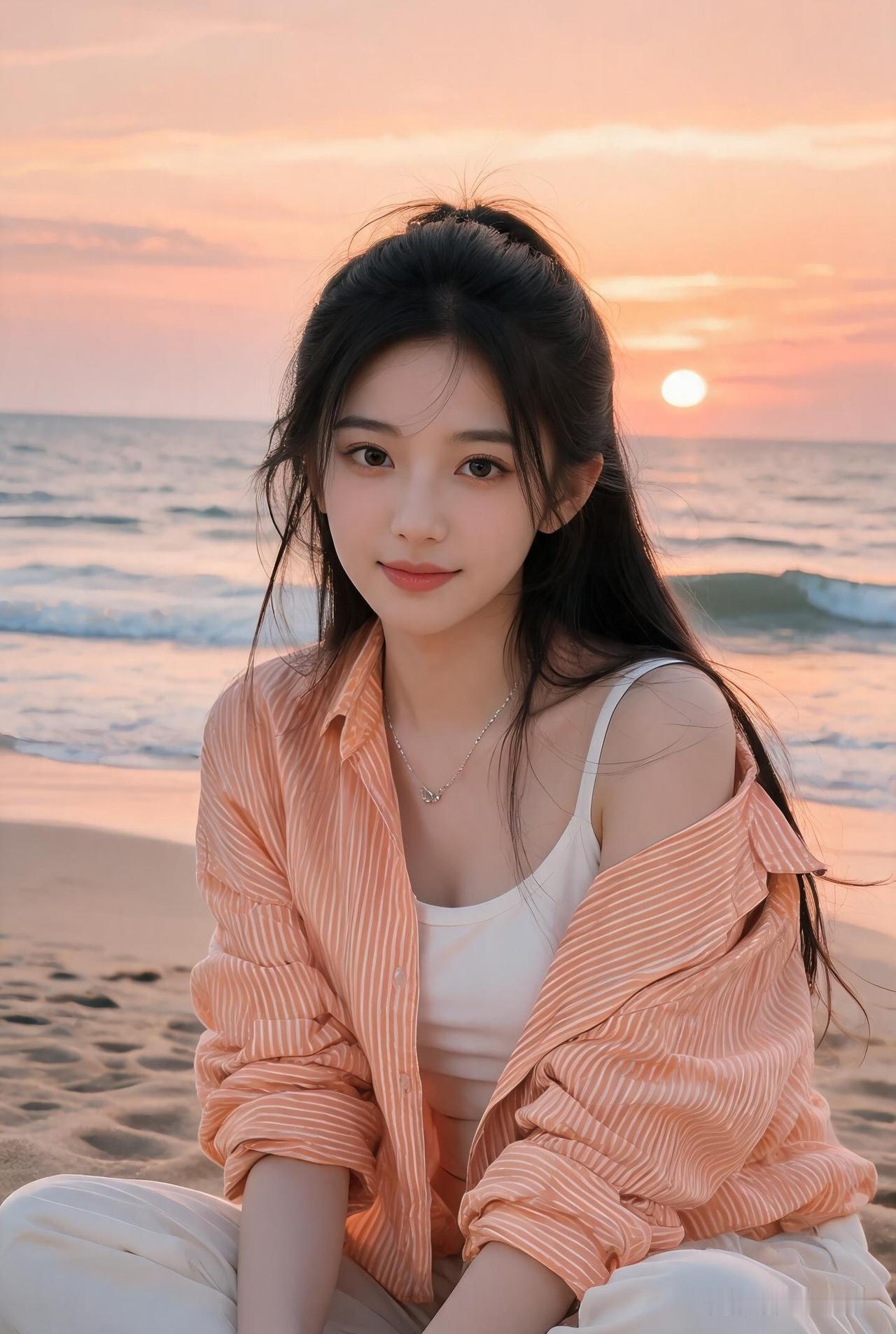 在海边，女孩穿着条纹衬衫微笑。